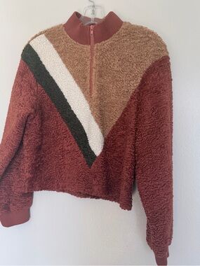 Cozy Half-Zip Sherpa Pullover Jacket in Rust Multi-Color